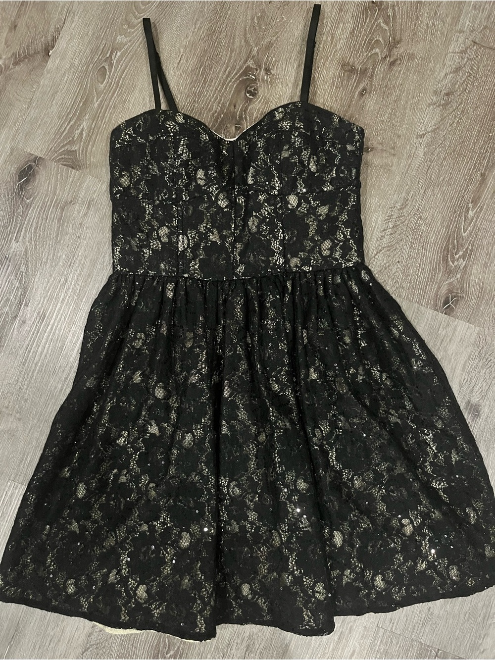 Minuet Petite Black Lace Dress with Gold Underlay
